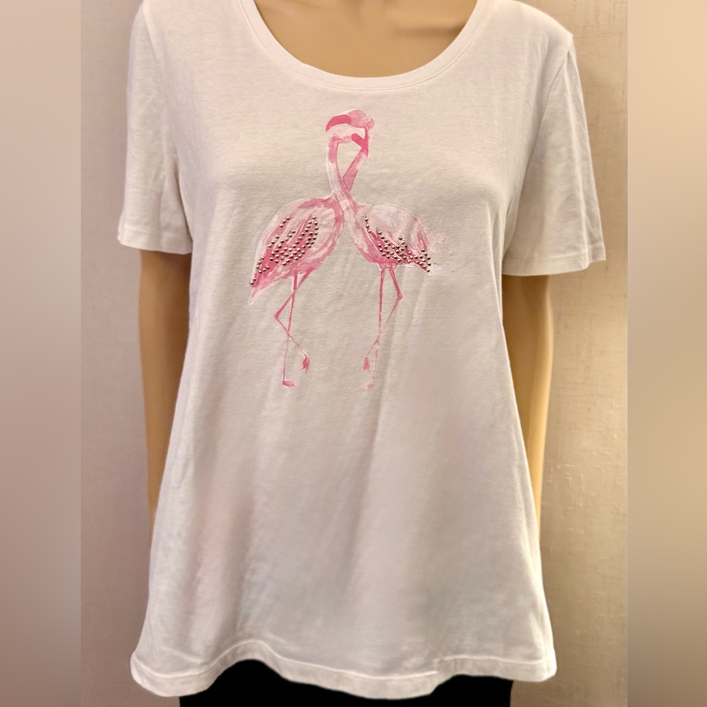 Coral Bay studded Flamingos t-shirt. Sz. L